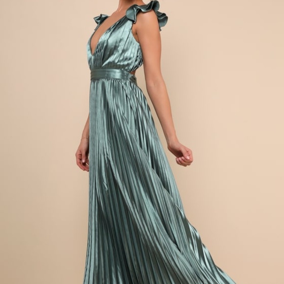 Lulus Dresses & Skirts - Lulus Exceptional Drama Sage Green Satin Lace-up Pleated Maxi Dress - Size M